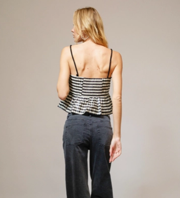 23314T-BLACK   Gingham Peplum Bow Tank