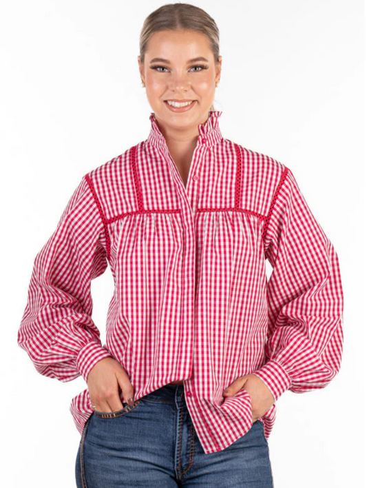 WL365-5 Hitchley and Harrow Wisterina Lane Shirt Cerise Gingham