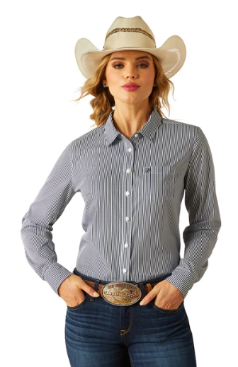10060366 Ariat Women's Kirby Pro Long Sleeve Button Up Shirt - Black Iris Stripe