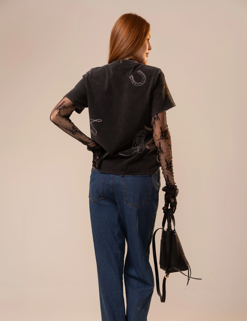 23838T Western embroidery mineral washed T shirt