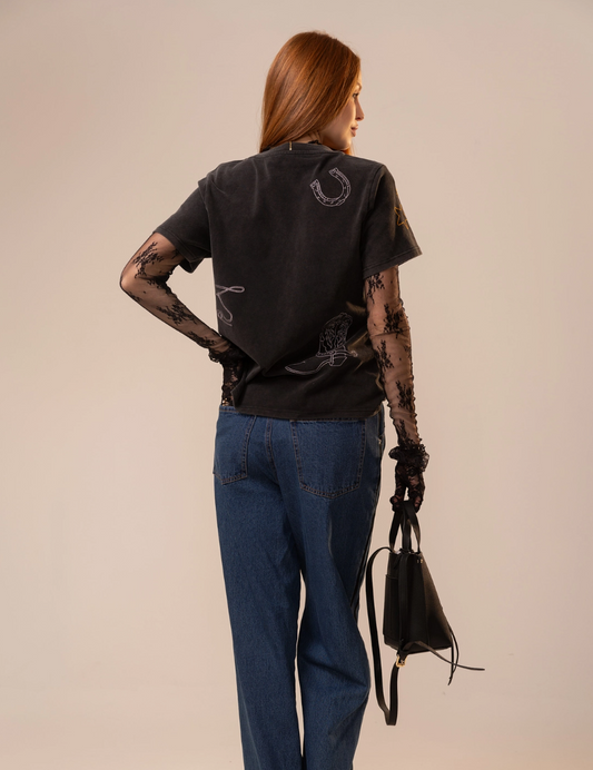 23838T Western embroidery mineral washed T shirt