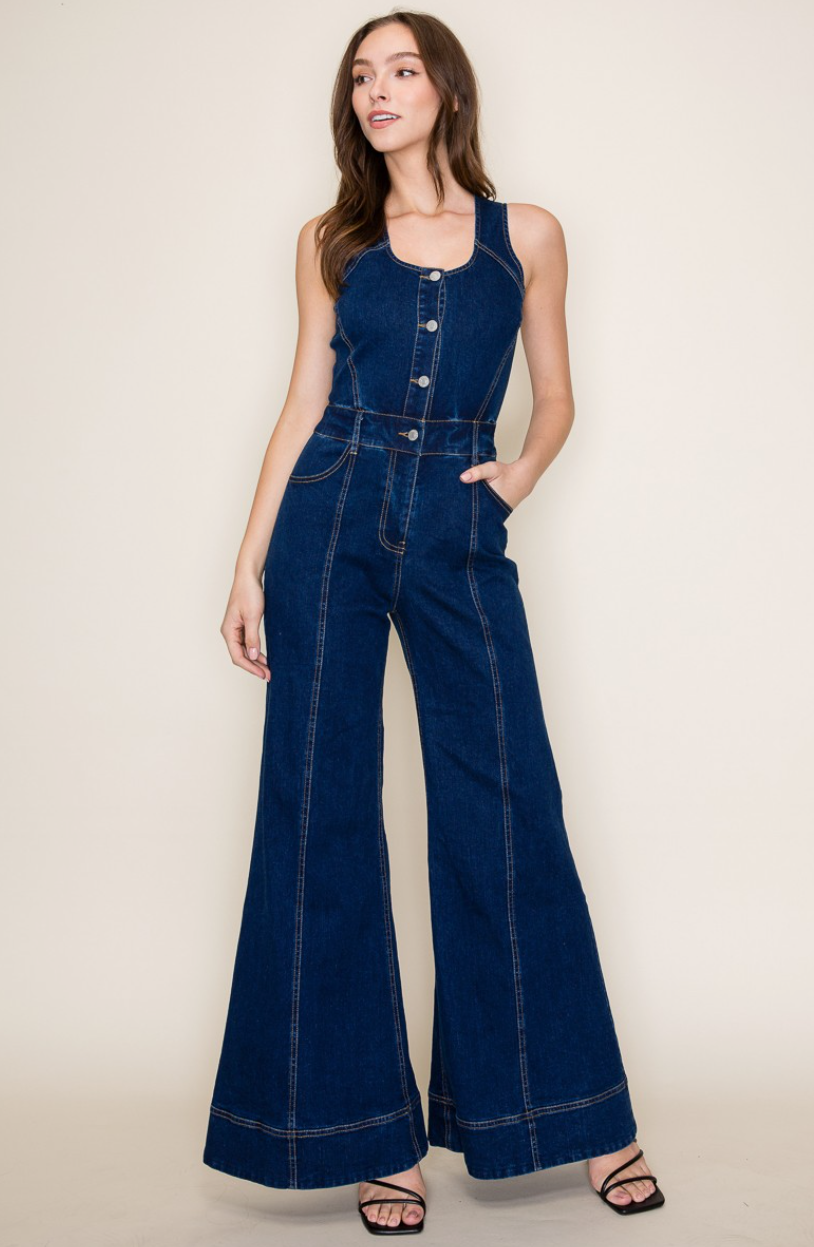 W4484 Sleeveless Wide leg denim jumpsuit