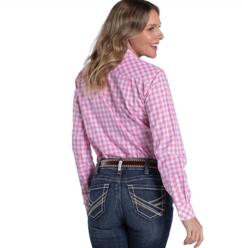 WWLS2609 Just Country Women's Abbey Full Button Workshirt Pink Lemonade & White Check
