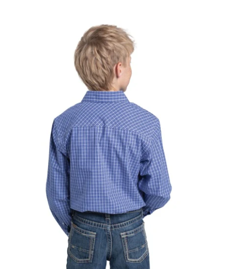 Just Country Boy's Brayden Half Button Mini Check Workshirt Blue & White Mini Check