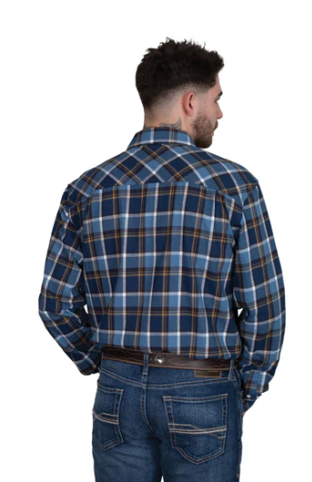 10101267 Just Country Men's Cameron Flannel 1/2 Button Flannel Workshirt Blue/Navy Tan
