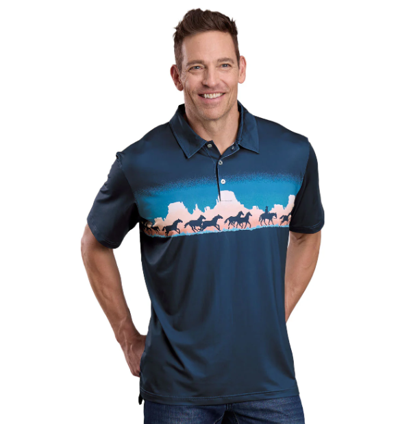 03-073-0228-0422 Roper Men's Active Collection SS Polo Print Border Blue