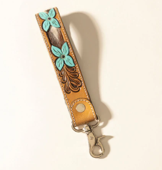 S-14020 Painted Prairie Hand Tooled Leather Key Fob Desert Lace