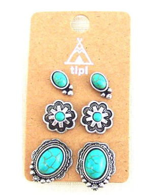 SE1124SBTQ Western 3 Pair Turquoise Earring Set