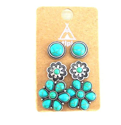 SE1116SBTQ Western 3 Pair Turquoise Post Earring Set