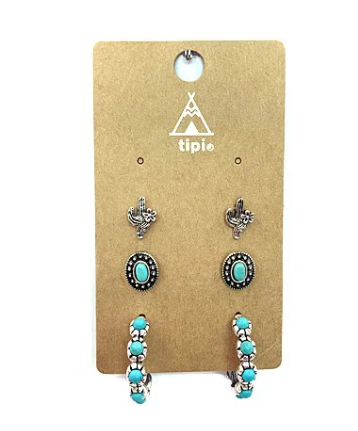SE1948SBTQ Western 3 Pair Turquoise Hoop Earring Set