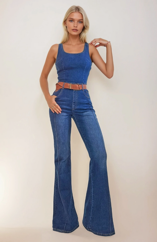 4423RIA Denim Wide leg Jumpsuit