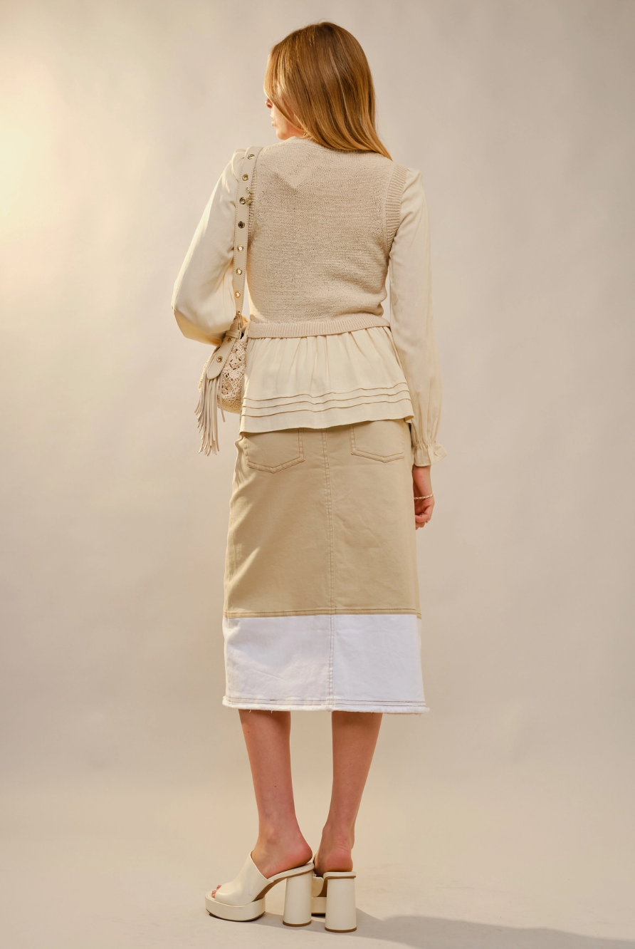 52137W Long Ruffle Women's Sleeve Knit Vest Peplum Top Beige