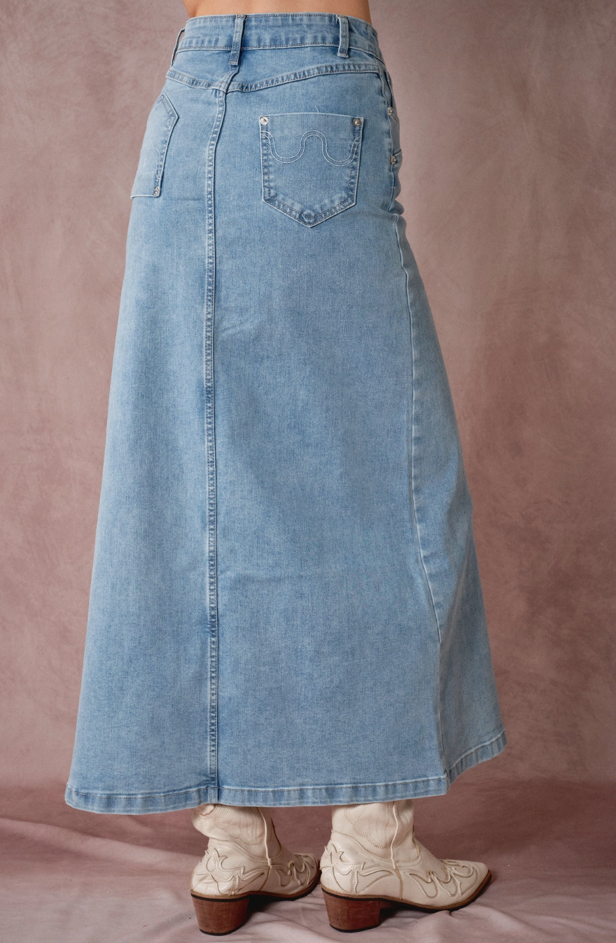 9199S Wave Women's Cutout Denim Midi Skirt Light Wash
