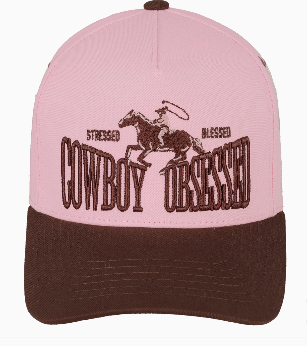 TCM0030BRN/PNK Cowboy Obsessed Embroidered Trucker Cap