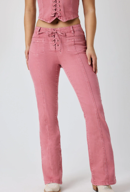 225160RW Ringers Western Women's Rodeo Rose Lace Up Mid Rise Jean Washed Pink