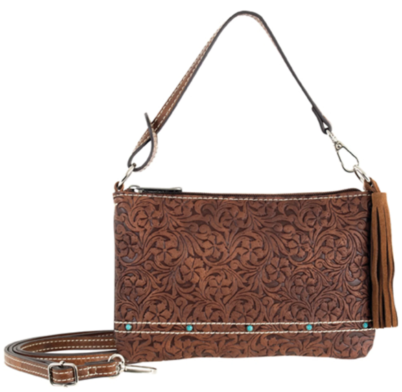 JA2610146871 Justin Ladies Mini Shoulder Cognac With Floral Emboss