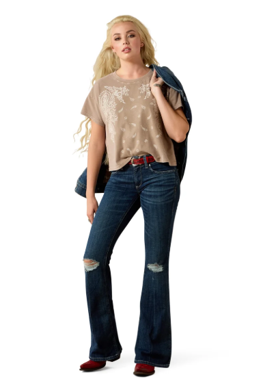 10071655 Ariat Women's Paisley Boxy Crop SS Tee Taupe Gray