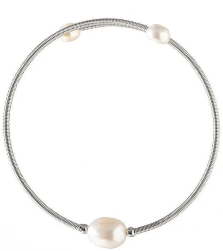 SILCPUFF Freshwater Pearl Stainless Steel Silver Cuff Bracelet Single Pearl