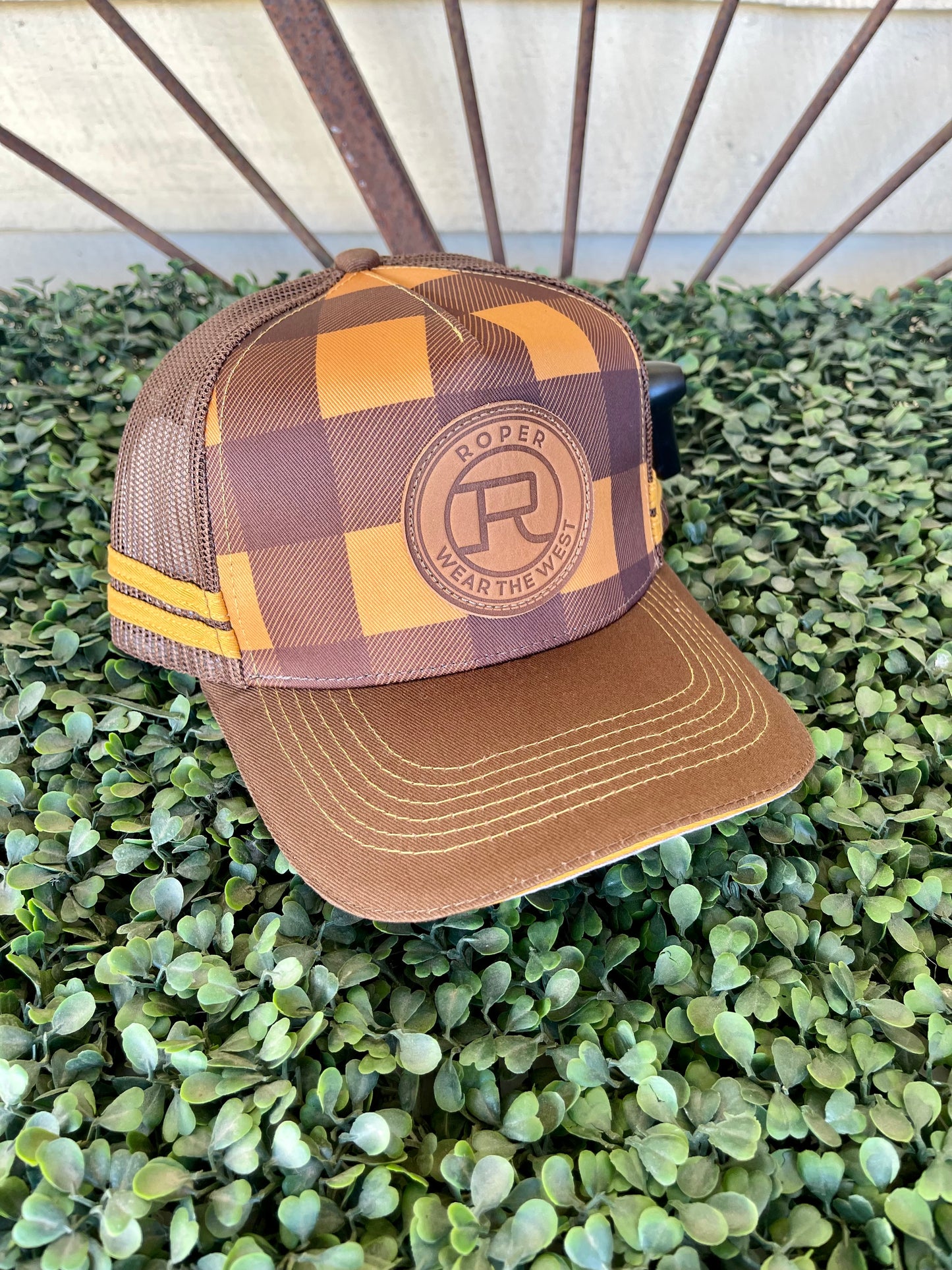 RC2202 Roper Trucker Cap Plaid Mustard/ Brown