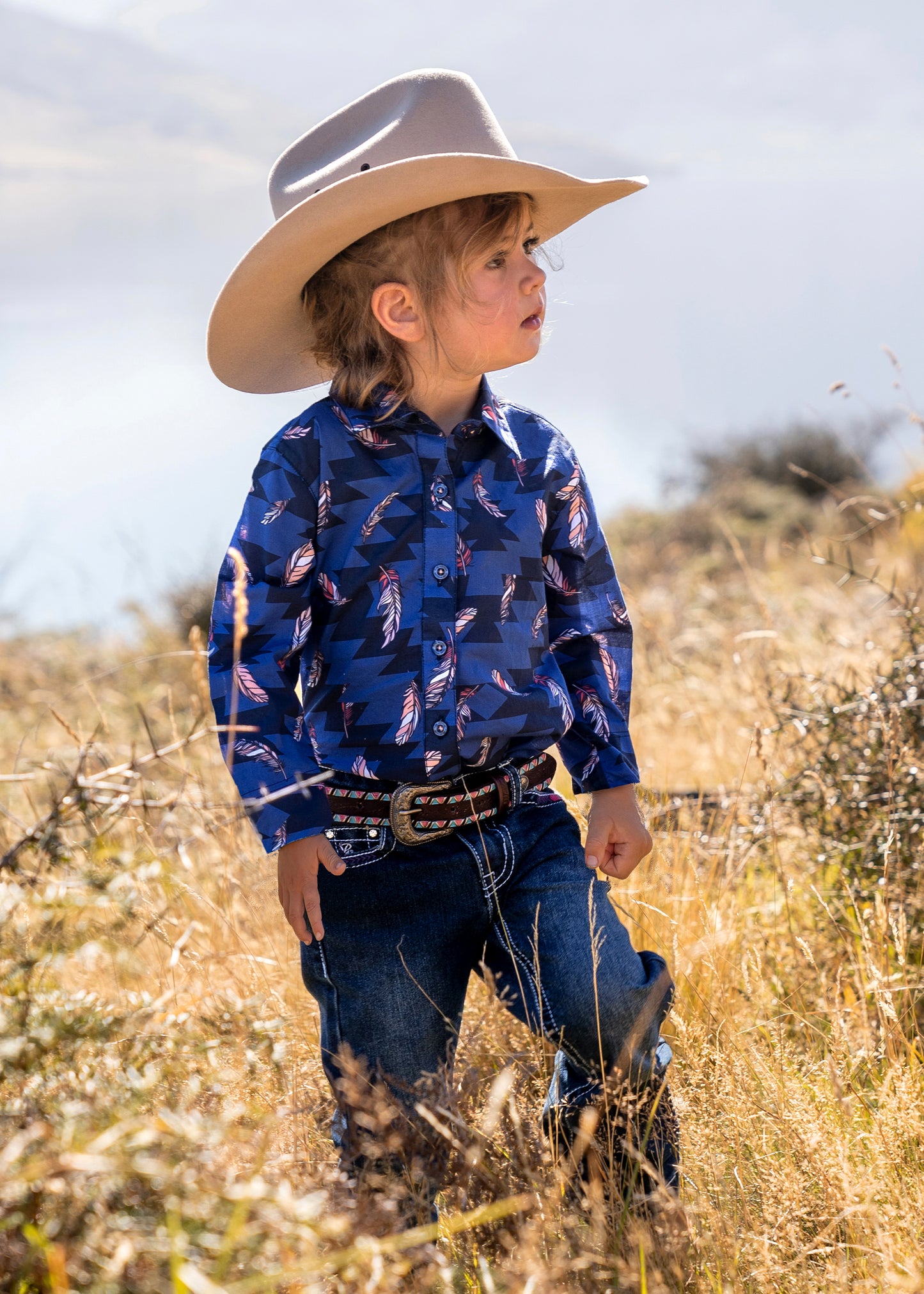 P1S5102480 Pure Western Girl's Blue LS Feathered Shirt