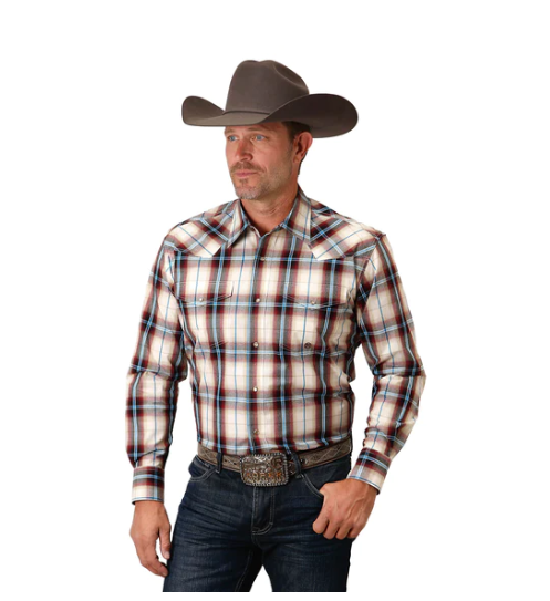03-001-0278-7032 Roper Mns Red Plaid LS Amarillo Collection Shirt