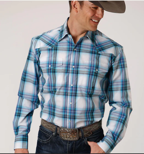 03-001-0278-2085 Roper Mens L/S Plaid Blue Shirt