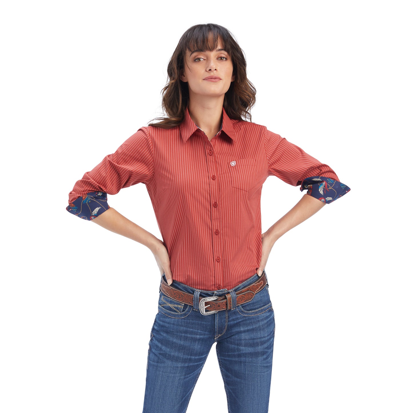 10041534 Ariat Women's Kirby Stretch LS Shirt Bossa Nova/ White pinstripe