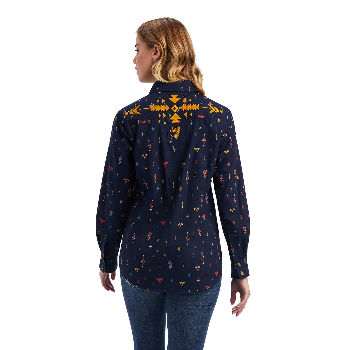10041677 Ariat Women's REAL Dakota Snap LS Shirt Navy Multi Print