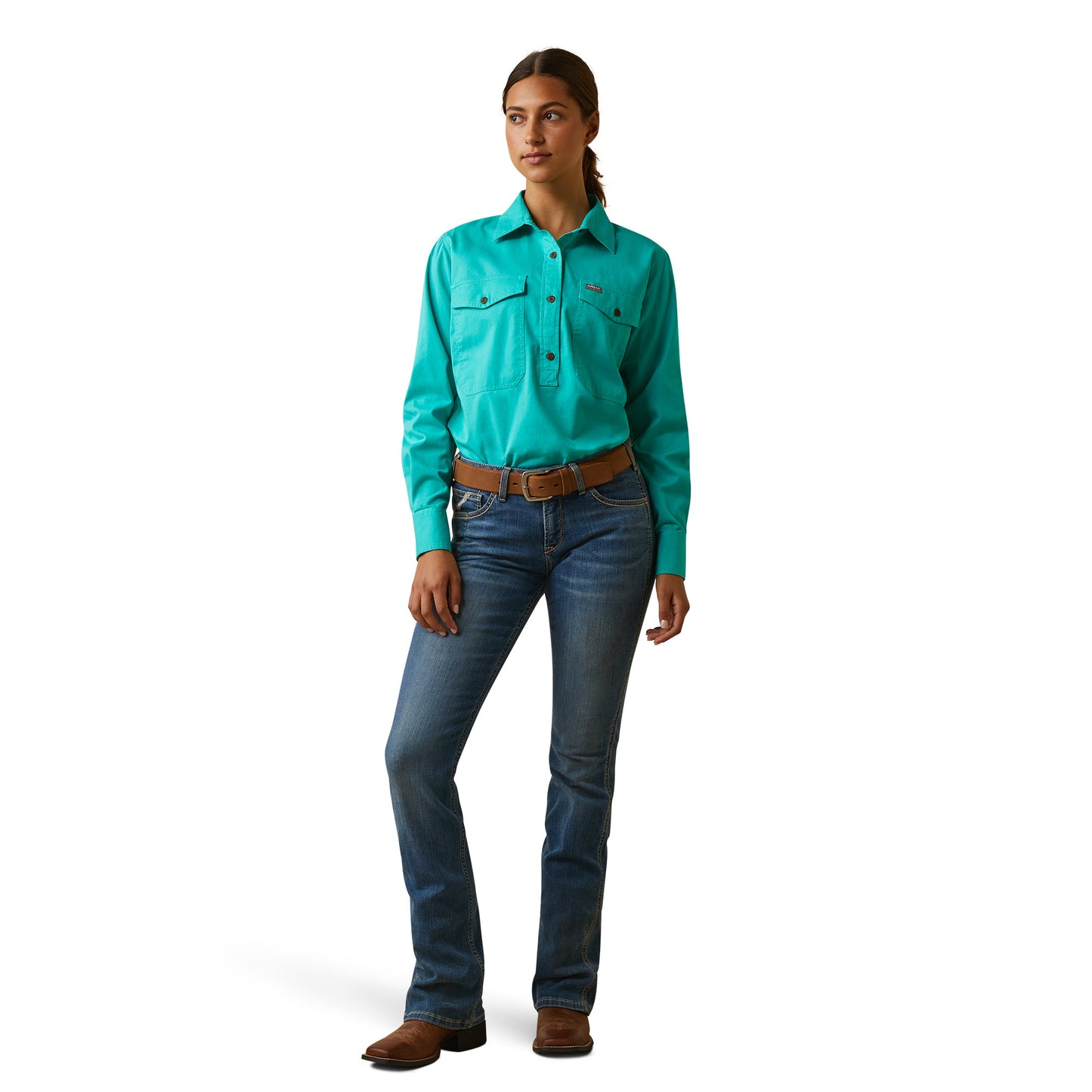 10042849 Ariat Wms Rebar Half Button LS Workshirt Turquoise