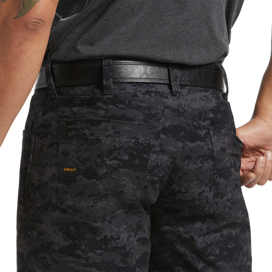 10039342 Ariat Men's Rebar Durastretch Made Tough Short Black Digi Camo
