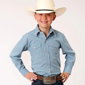 3-30-278-2107 Roper Boys L/S Blue Check Shirt