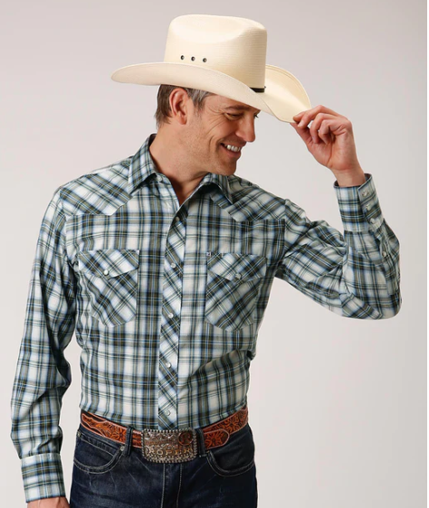 1-01-0101-3052 Roper Mns L/S Green Plaid Shirt