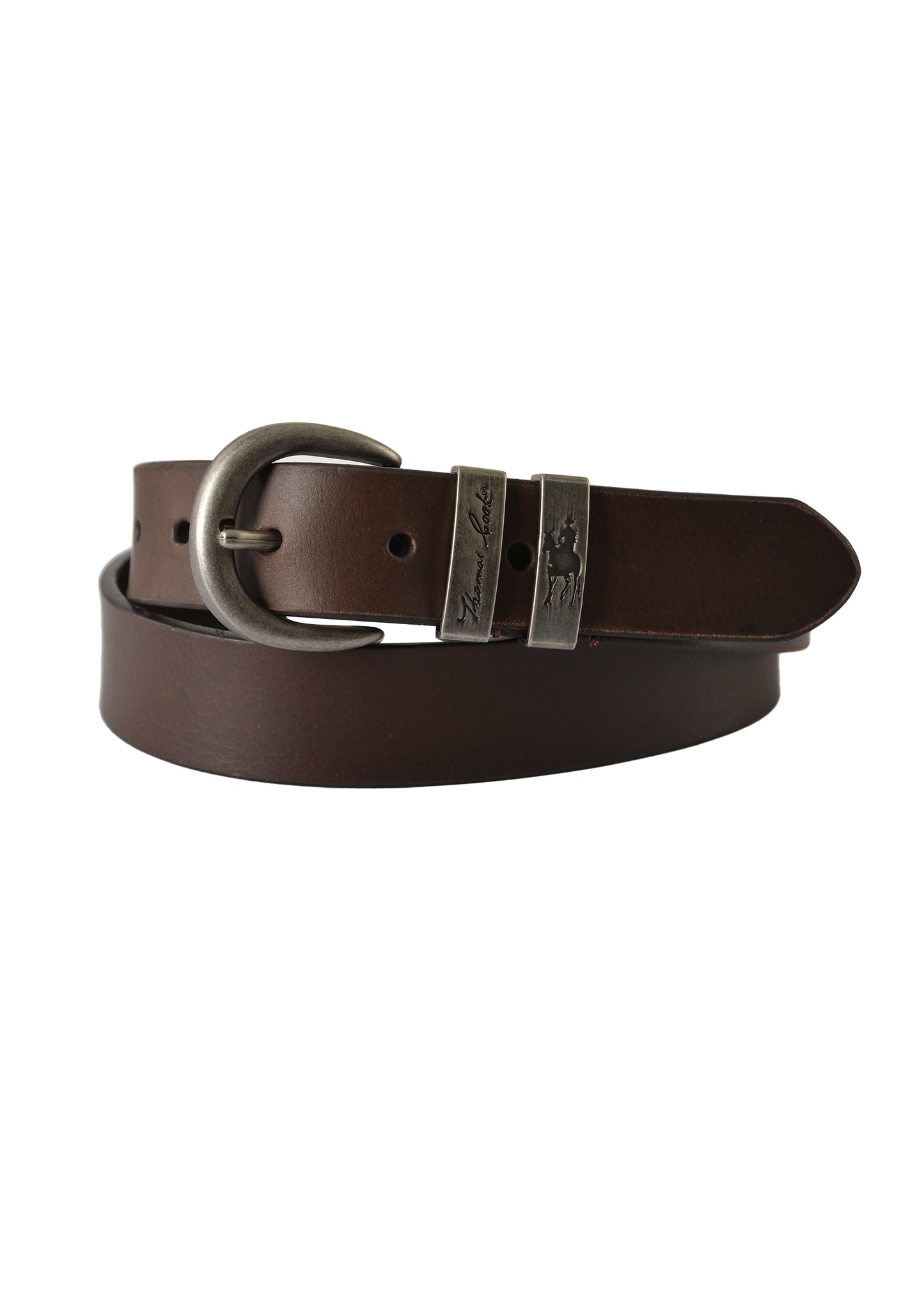 TCP1974BEL Thomas Cook Narrow Silver Twin Keeper Belt Chocolate