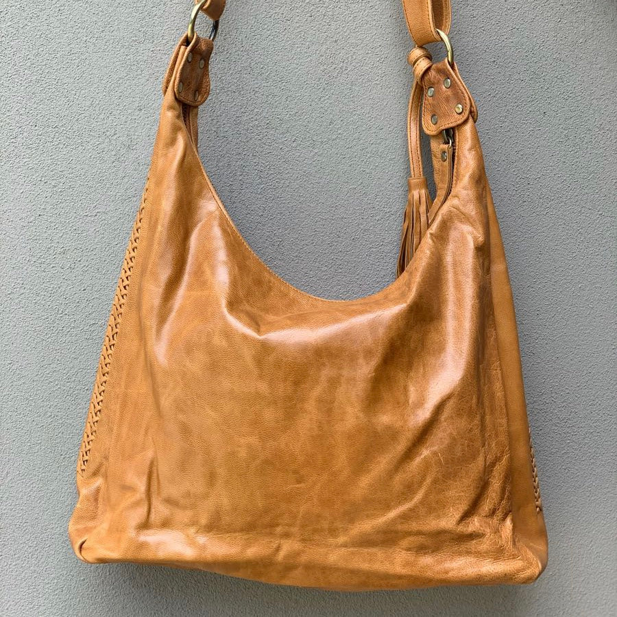 23924 Weave and Stitch Slouch Bag - Distressed Tan