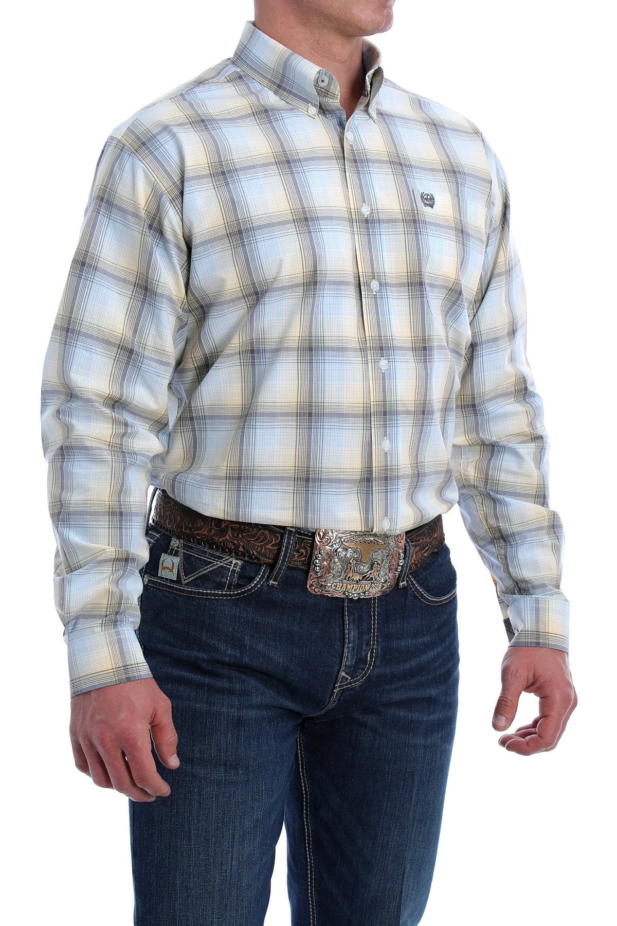 MTW1105191MUL CINCH MEN'S LIGHT BLUE, GOLD AND GRAY OMBRE PLAID BUTTON-DOWN SHIRT