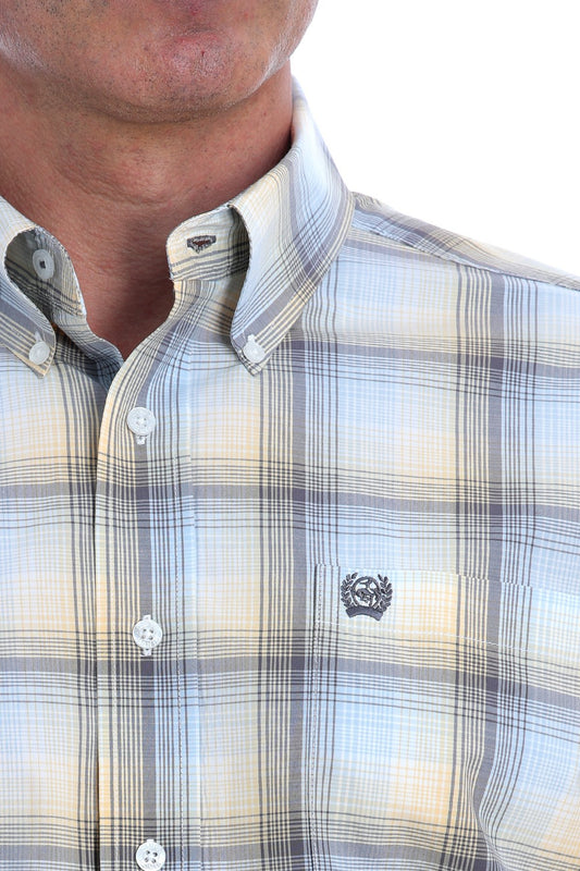 MTW1105191MUL CINCH MEN'S LIGHT BLUE, GOLD AND GRAY OMBRE PLAID BUTTON-DOWN SHIRT