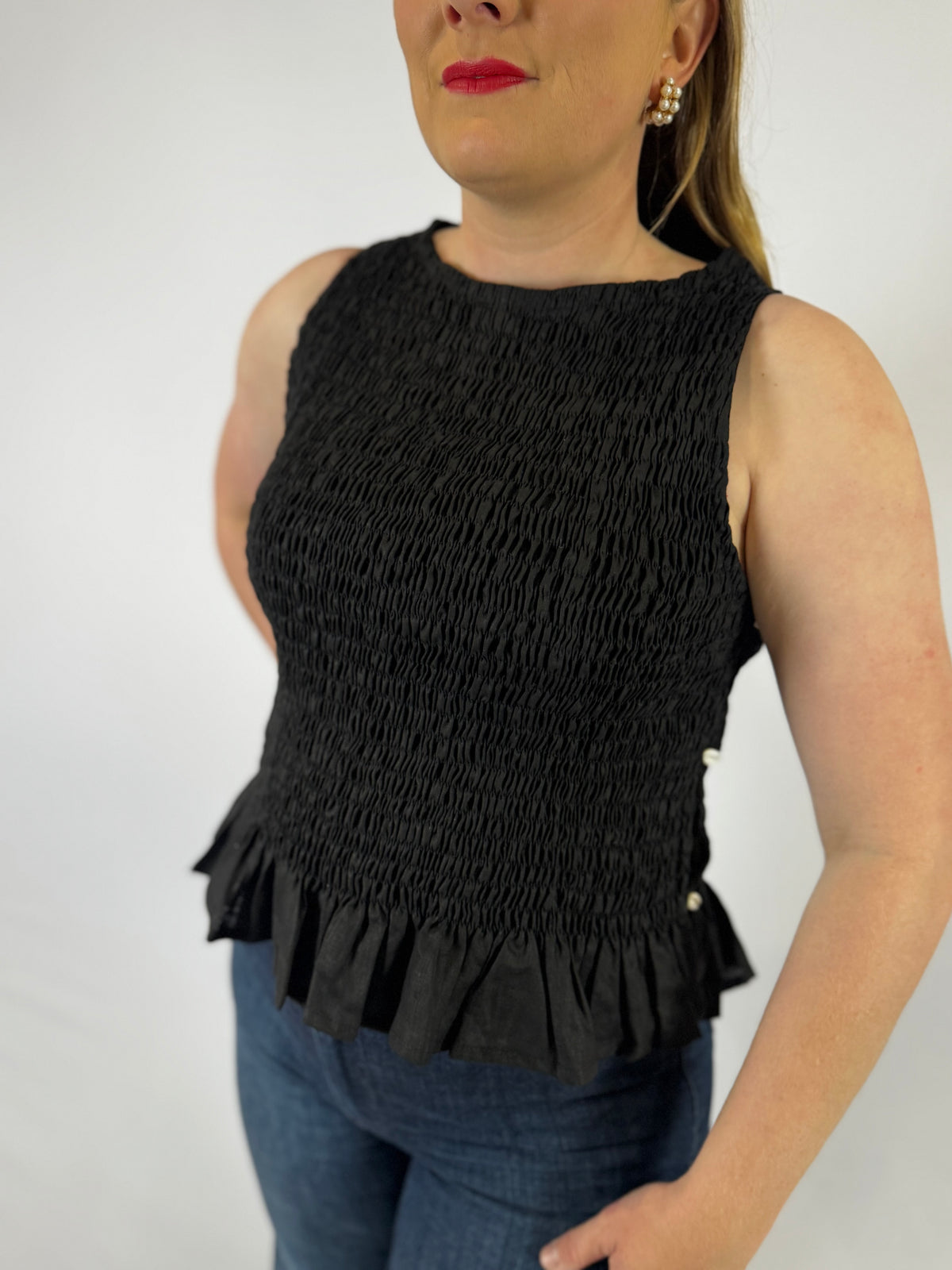 LJC5406 LJC Alma Linen Shirred Top - Black