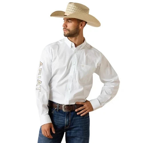10071686 Ariat Men’s team logo lightweight twill Classic Fit LS shirt White/ Khaki