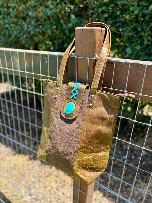 35322 Brown Leather Travel Tote Bag  With Turquoise Stone