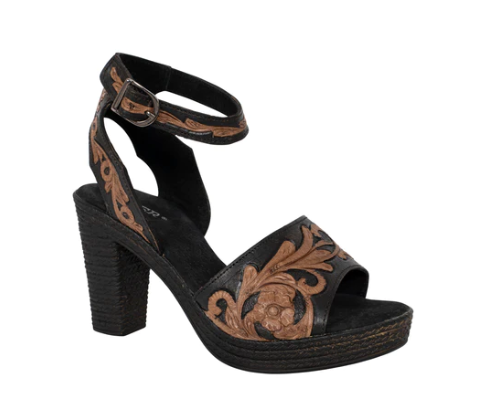 09-021-0946-3234 Roper Wms Mika Ankle Strap Black/Brown Tooled Leather