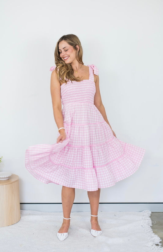 D8998-1-PK Gingham Women's Tier Dress With Lace Trim Pink