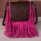 RLC-L159 Montana West Genuine Leather Tooled Collection Fringe Crossbody - Coffee Pink