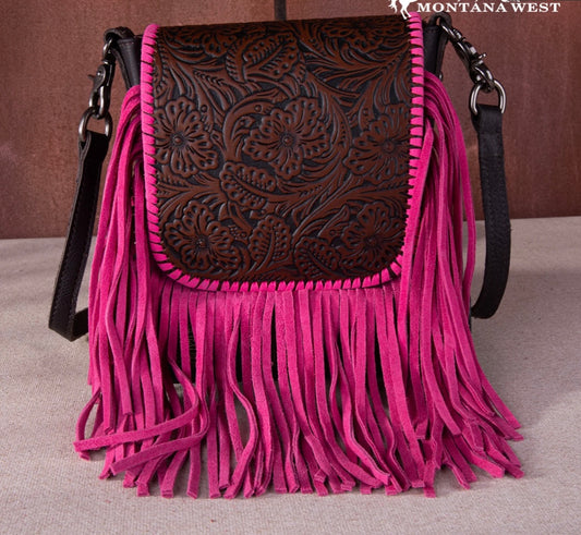 RLC-L159 Montana West Genuine Leather Tooled Collection Fringe Crossbody - Coffee Pink