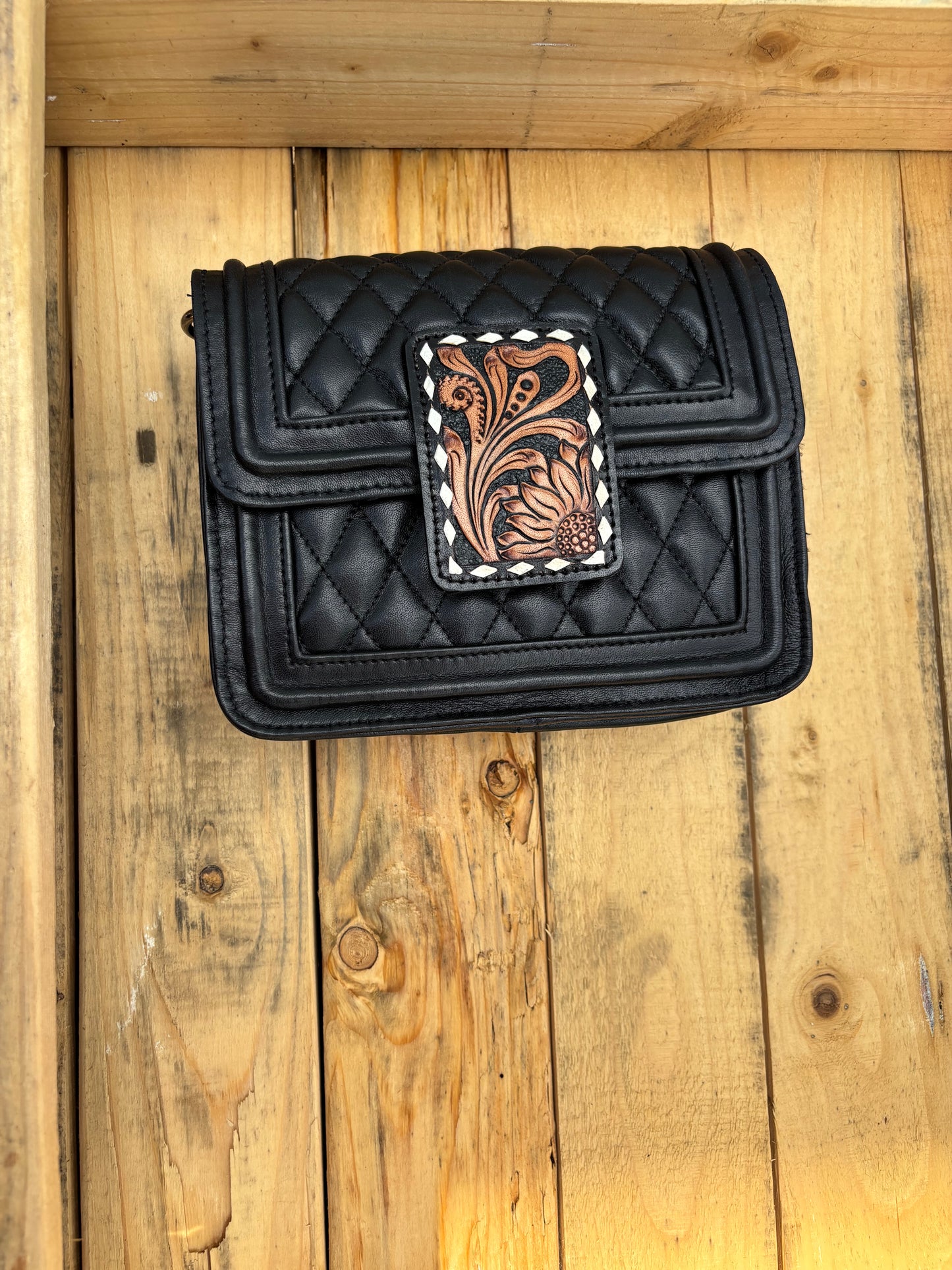 35965 USA Bee Tooled Leather Crossbody-Black