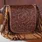 RLC-L159 Montana West Genuine Leather Tooled Collection Fringe Crossbody - Brown