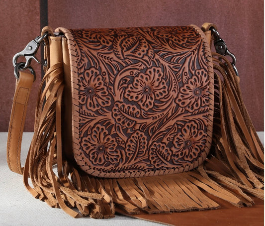 RLC-L159 Montana West Genuine Leather Tooled Collection Fringe Crossbody - Brown