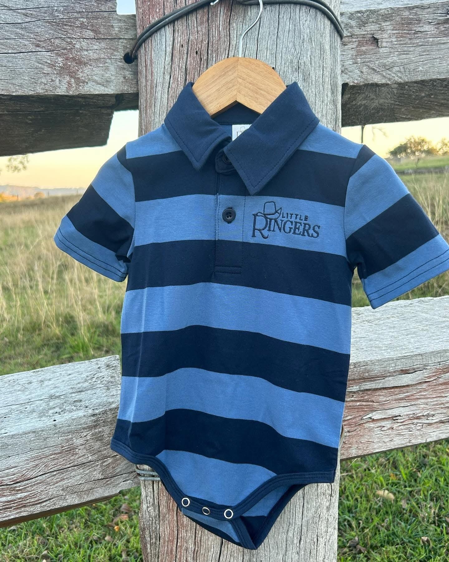 35751 Little Ringers Blue Polo Romper