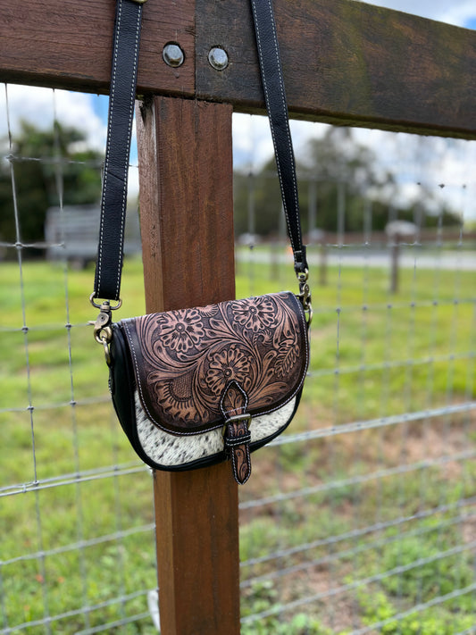 AE2493BRN Floral Brown Hide Leather Crossbody