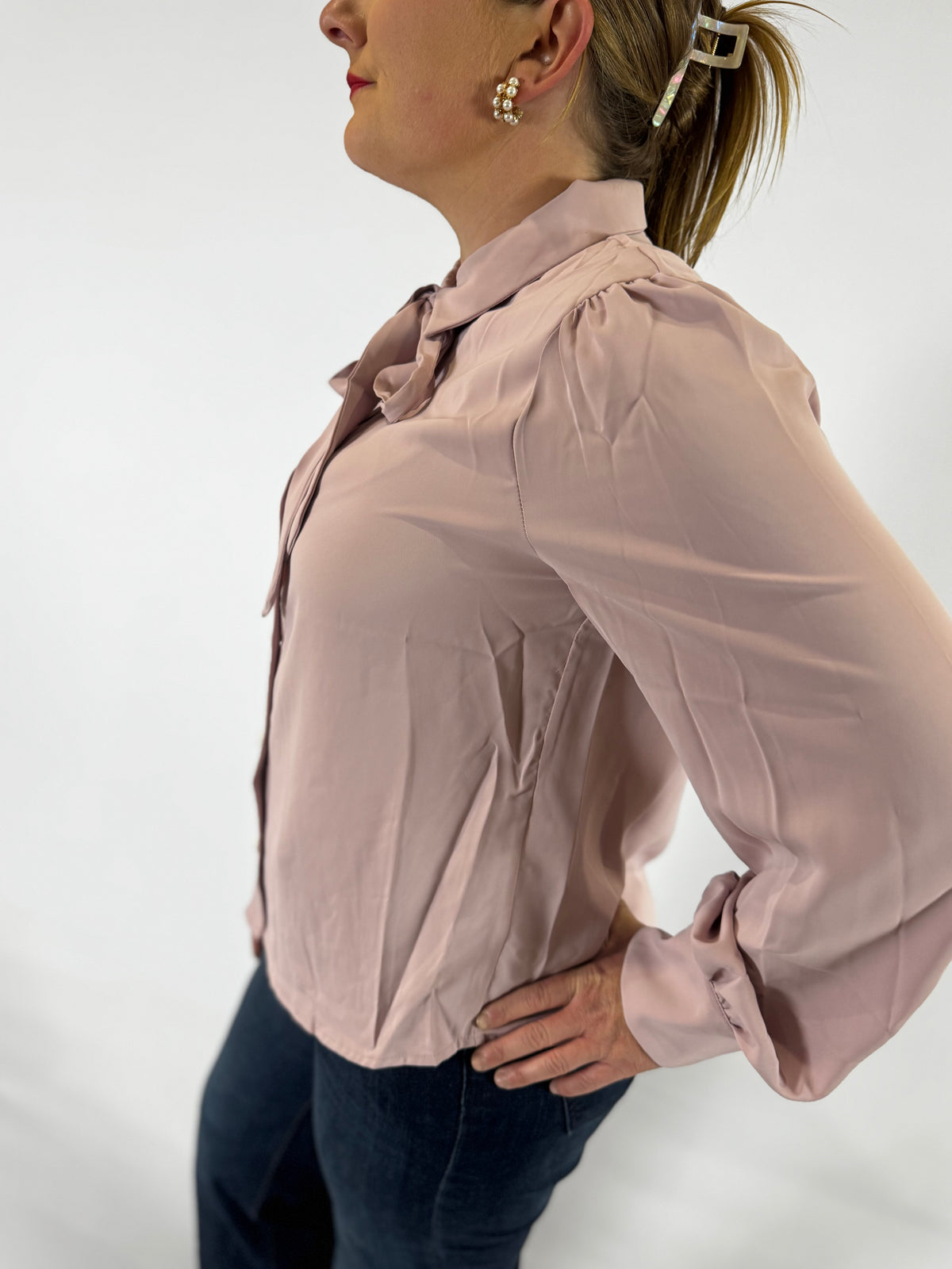 VT81416  Collared Tie Neck Button Blouse - Blush