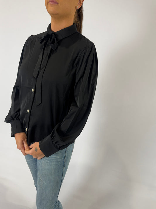 VT81416  Collared Tie Neck Button Blouse - Black